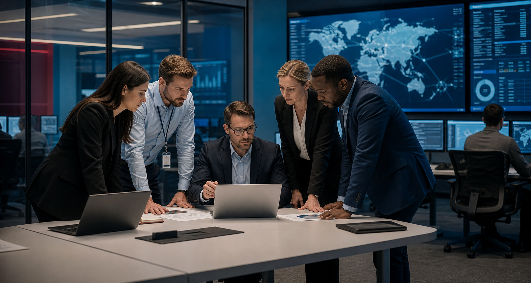 Business and cybersecurity professionals reviewing information around computers